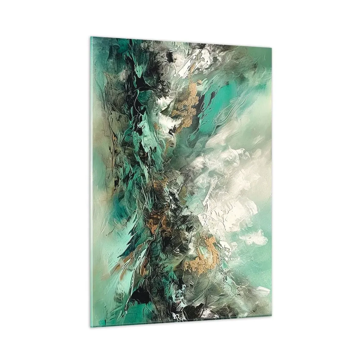 Impression sur verre - Image sur verre - Une composition abstraite dans les tons émeraude, noir et blanc. - 50x70cm - Ressac émeraude et noir - Décoration murale moderne pour le salon et la chambre ARTTOR