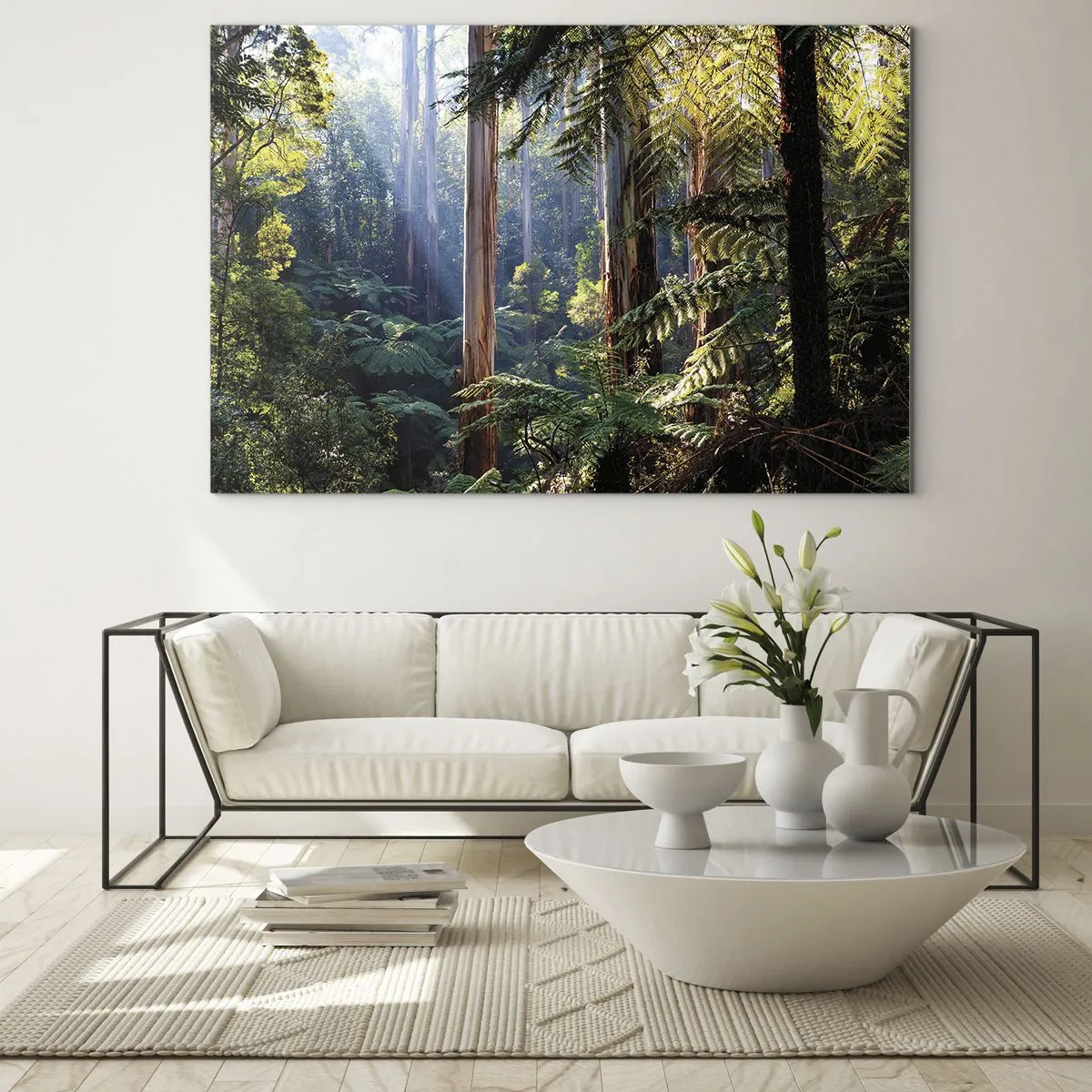 Impression sur verre - Image sur verre - Forêt tropicale verte avec des rayons de soleil - 70x50cm - Fable de la forêt - Décoration murale moderne pour le salon et la chambre ARTTOR