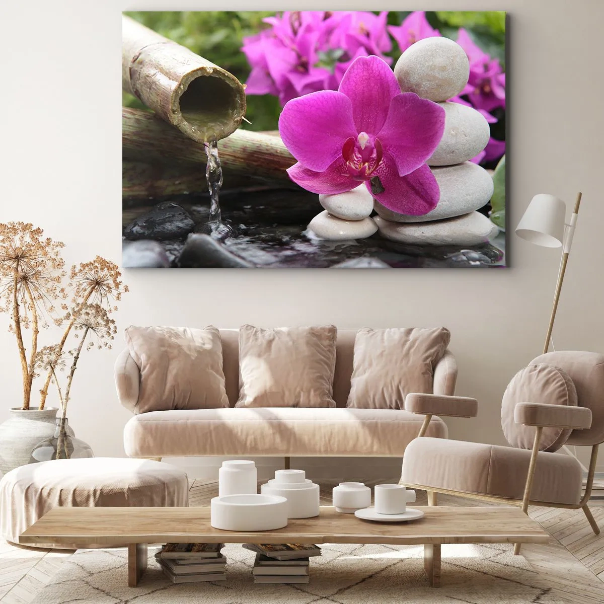 Impression sur toile - Image sur toile - Orchidée violette, pierres et bambou avec de l'eau dans un cadre relaxant - 100x70cm - Tu te reposes déjà - Décoration murale moderne pour le salon et la chambre ARTTOR