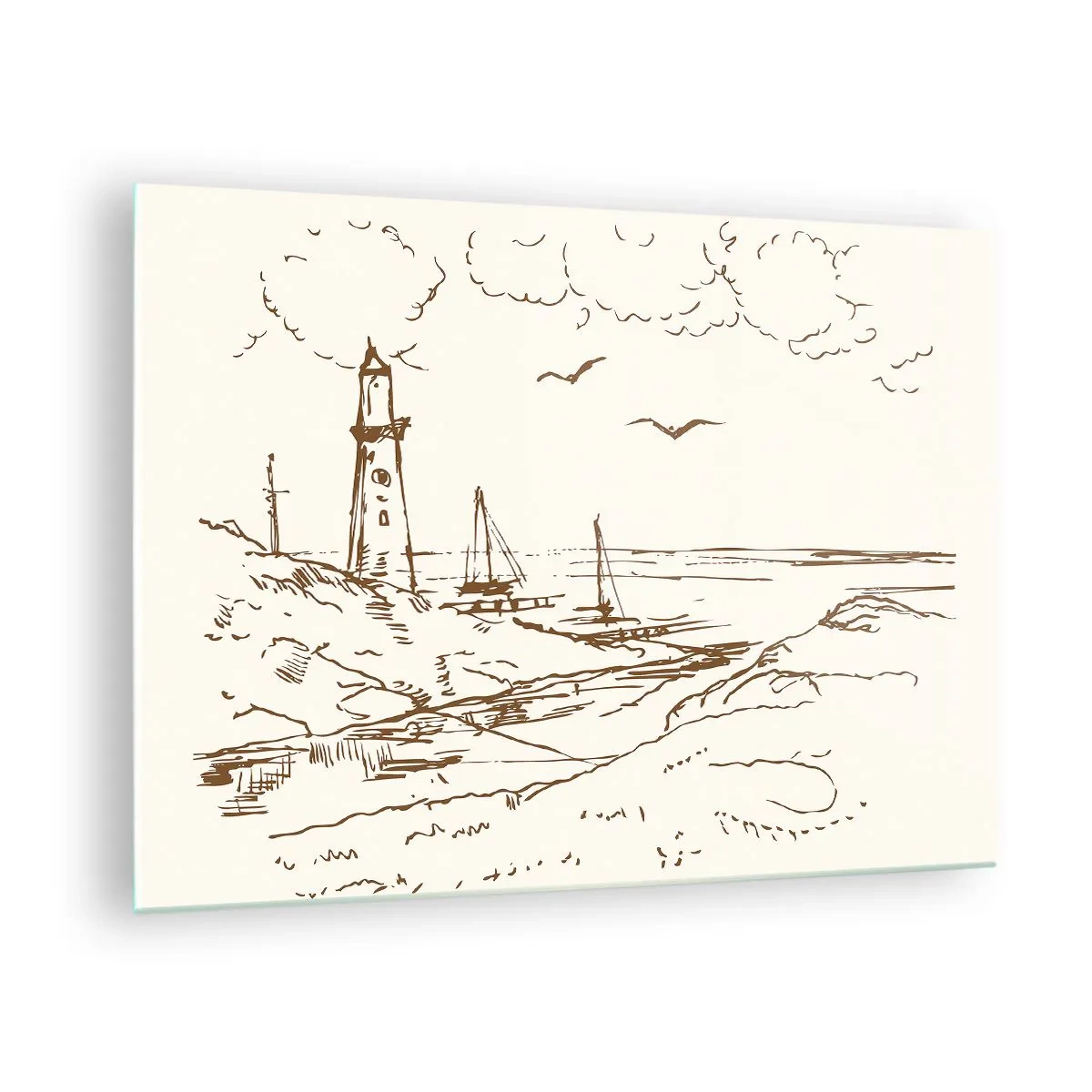 Impression sur verre - Image sur verre - Croquis d'un phare dans un paysage balnéaire - 70x50cm - Esquisse de souvenirs d'été - Décoration murale moderne pour le salon et la chambre ARTTOR