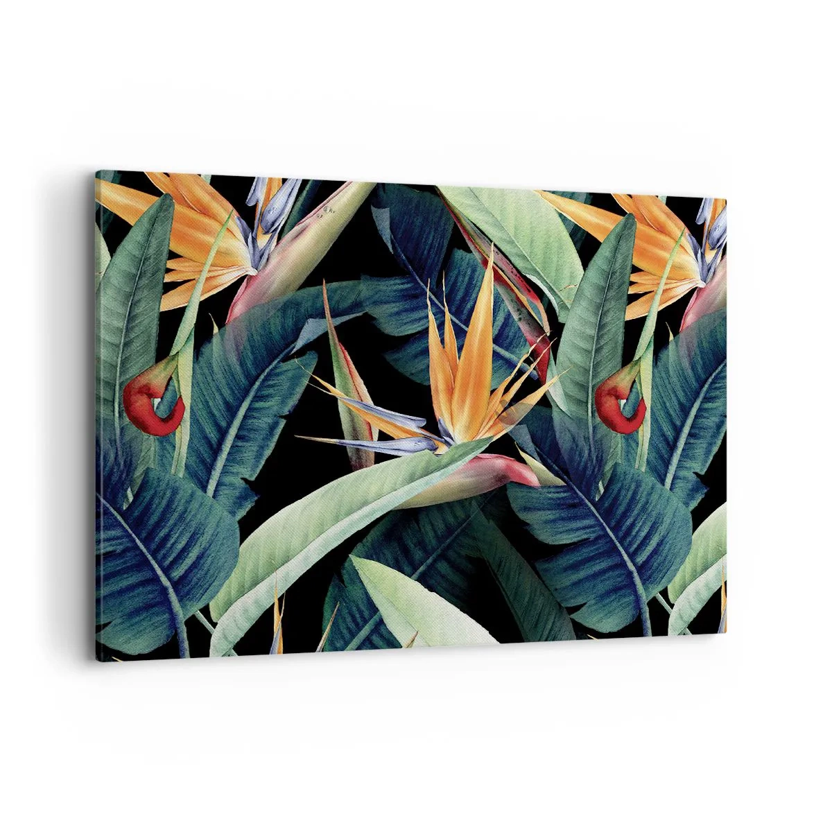 Impression sur toile - Image sur toile - Fleurs et feuilles tropicales sur fond noir - 120x80cm - Fleurs flamboyantes des tropiques - Décoration murale moderne pour le salon et la chambre ARTTOR