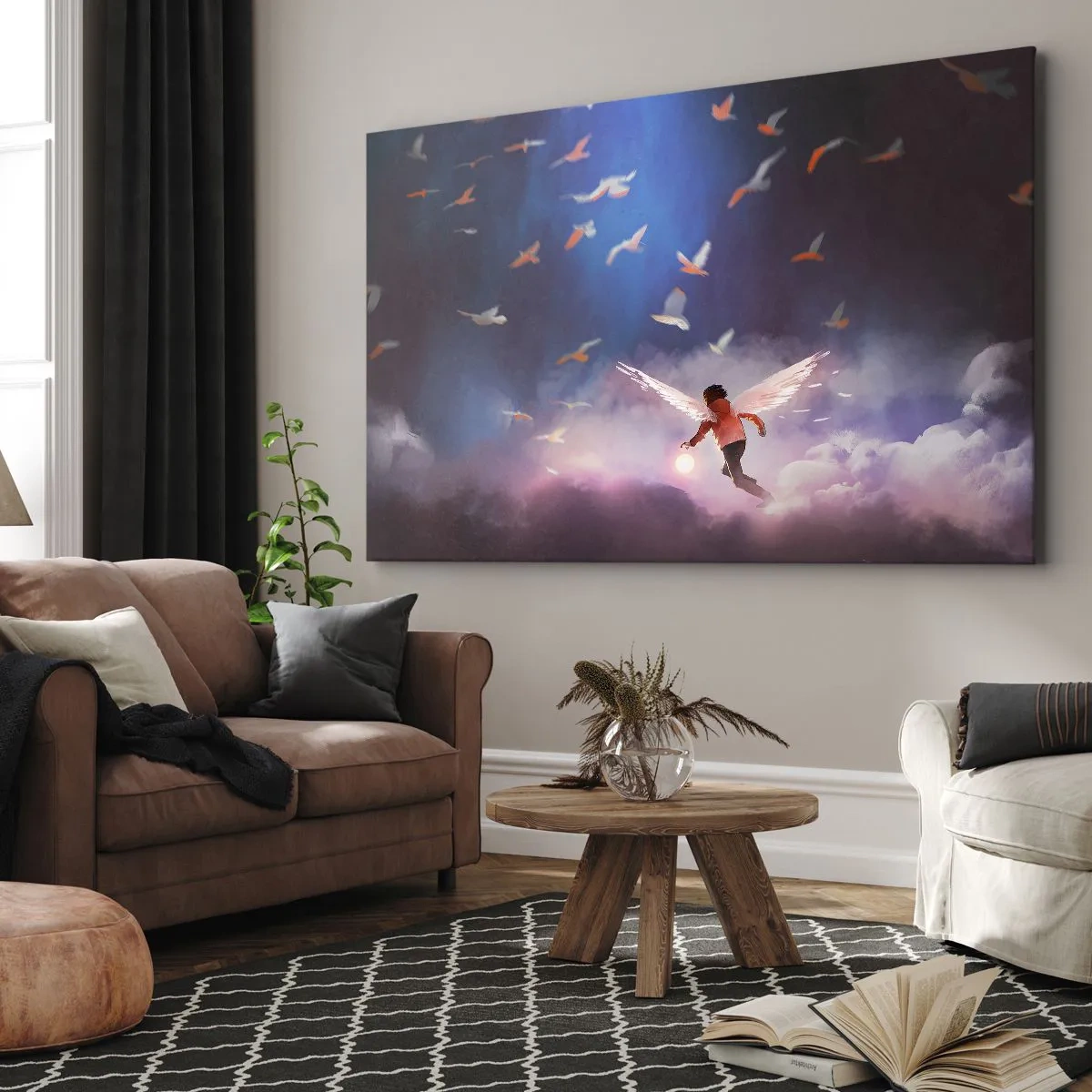 Impression sur toile - Image sur toile - Une figure avec des ailes d'ange flottant parmi les oiseaux dans le ciel - 70x50cm - Il faut de l'imagination et du courage - Décoration murale moderne pour le salon et la chambre ARTTOR