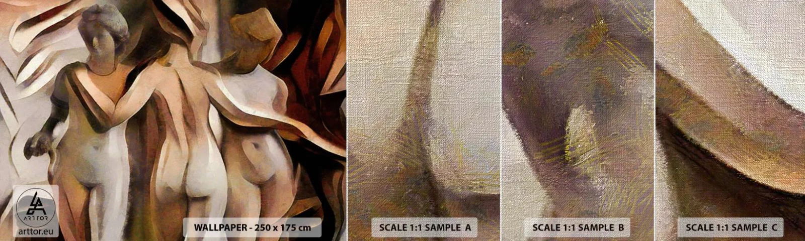 Échantillon de Papier Peint Premium Canvas - Trois Grâces 2.0 - Femme, Cubisme, Morceau - 100x30 cm