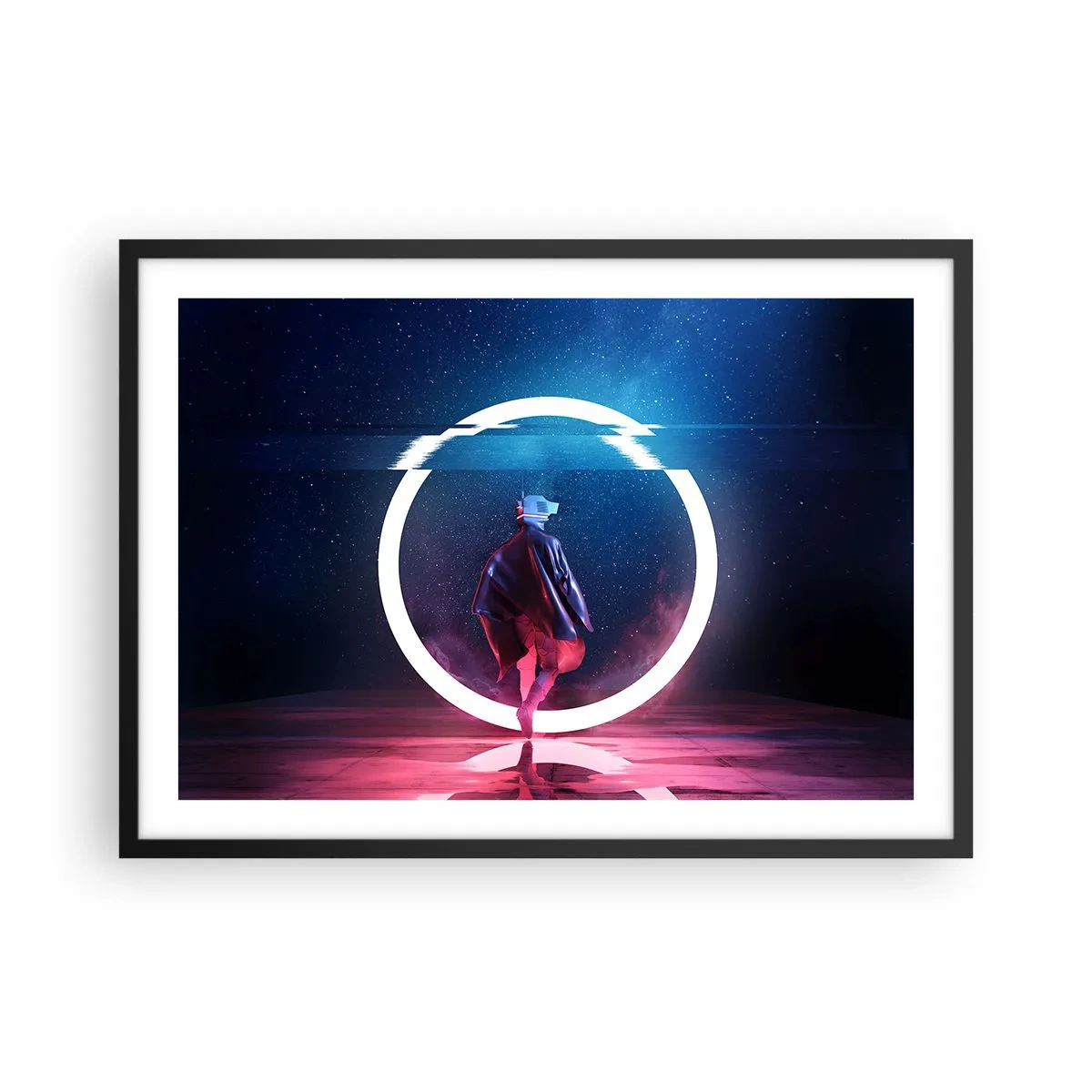 Affiche dans un cadre noir - Poster - Un personnage dans un environnement futuriste avec un cercle de néon - 70x50cm - Entre deux mondes - Décoration murale moderne pour le salon et la chambre ARTTOR
