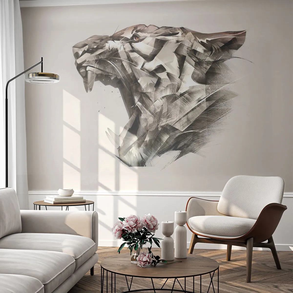 Papier Peint Photo Premium Sand - Vous savez déjà qui est en charge - Abstraction, Tigre, Animaux - 250x175 cm