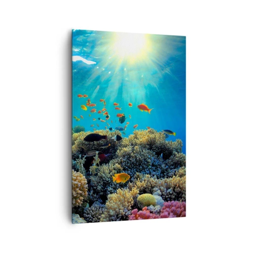 Impression sur toile - Image sur toile - Récif corallien avec des poissons sous les rayons du soleil sous l'eau - 80x120cm - Trésor sous-marin - Décoration murale moderne pour le salon et la chambre ARTTOR