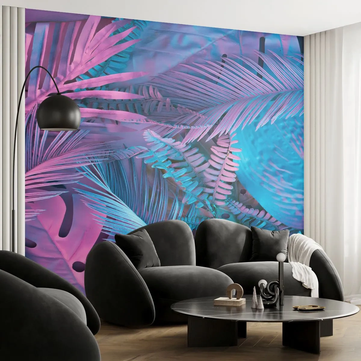 Papier Peint Autocollant Deluxe Sticker - Les tropiques en rose et bleu - Abstraction, Feuilles, Plante tropicale - 250x175 cm