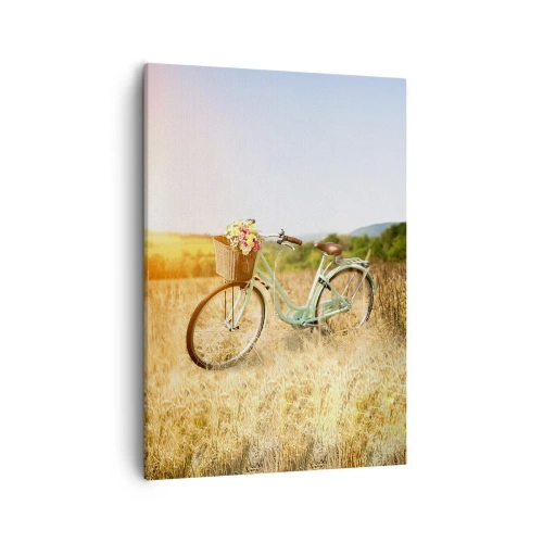 Impression sur toile - Image sur toile - Un vélo rétro avec un panier rempli de fleurs sur fond de prairie. - 50x70cm - Je vais rester un petit moment - Décoration murale moderne pour le salon et la chambre ARTTOR