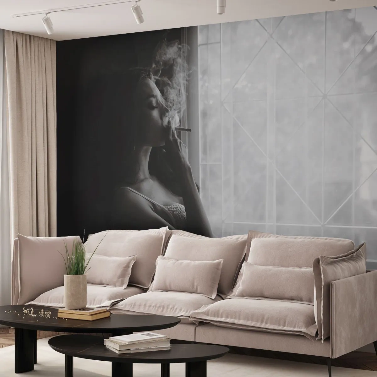 Papier Peint Photo Premium Canvas - Vous sentez-vous libre ? - Femme, Cigarette, Chambre à coucher - 250x175 cm