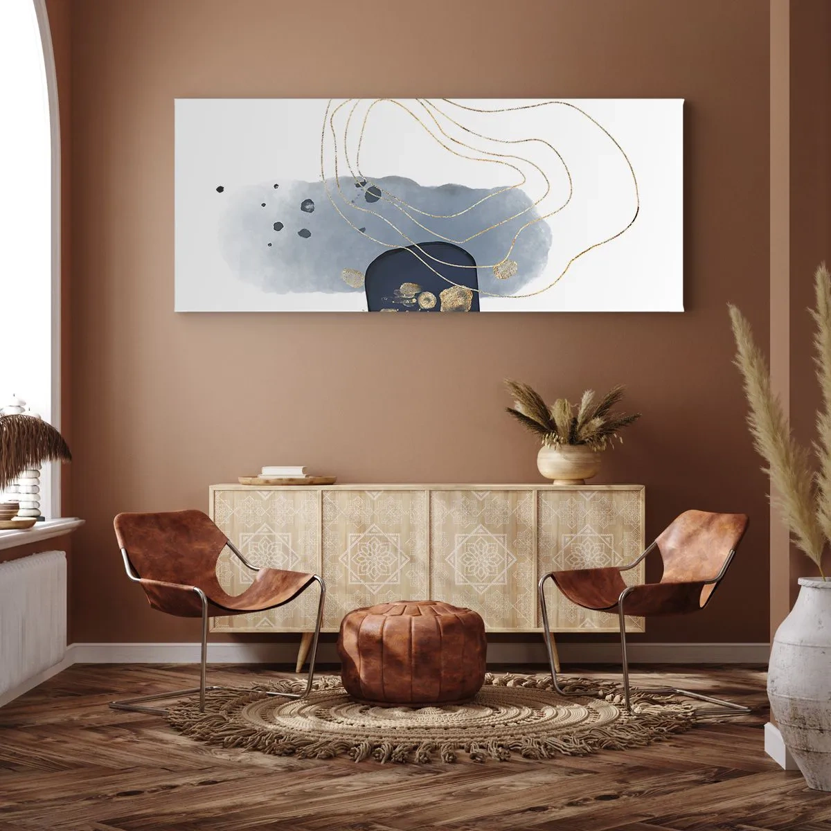 Impression sur toile - Image sur toile - Abstraction dans les tons de bleu et d'or - 120x50cm - Fantaisie bleu et or - Décoration murale moderne pour le salon et la chambre ARTTOR