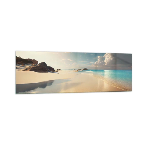 Impression sur verre - Image sur verre - Une plage ensoleillée avec une mer bleue et des rochers - 160x50cm - Une journée de rêve - Décoration murale moderne pour le salon et la chambre ARTTOR