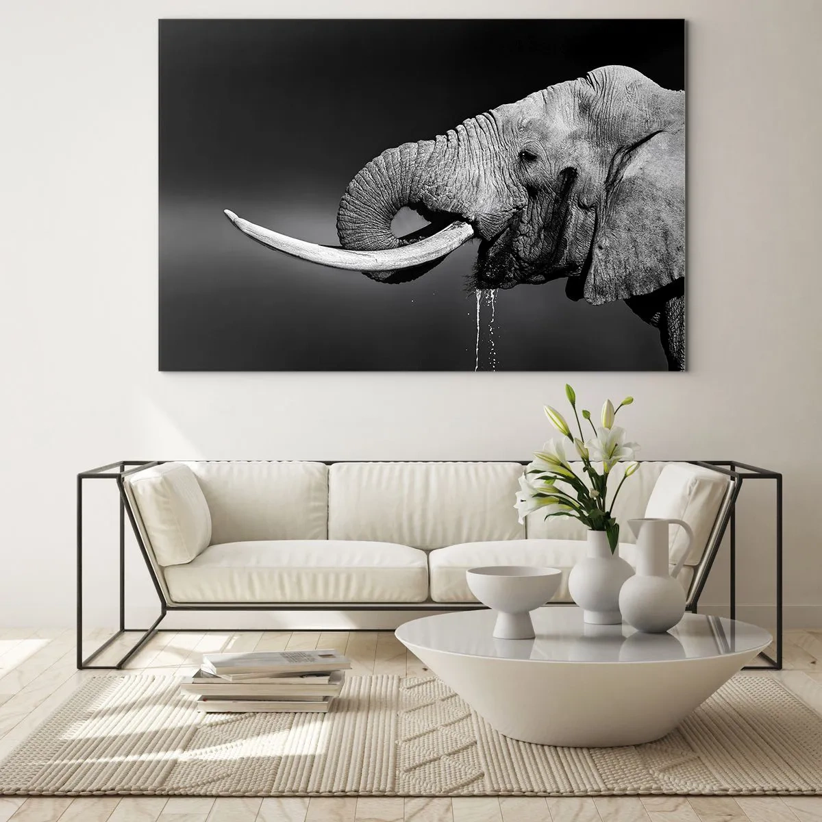 Impression sur verre - Image sur verre - Portrait noir et blanc d'un éléphant avec une trompe - 120x80cm - Oui, c'est bon maintenant - Décoration murale moderne pour le salon et la chambre ARTTOR