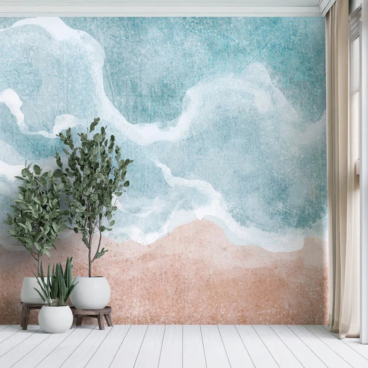 Papier Peint Photo Premium Sand - Vagues océaniques abstraites dans des tons de bleu et de sable - 100x70cm - Abstraction du nuage - Décoration murale moderne pour le salon et la chambre ARTTOR