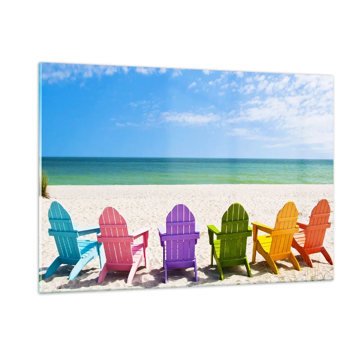 Impression sur verre - Image sur verre - Chaises colorées sur une plage de sable avec vue sur la mer - 120x80cm - Plage arc-en-ciel - Décoration murale moderne pour le salon et la chambre ARTTOR