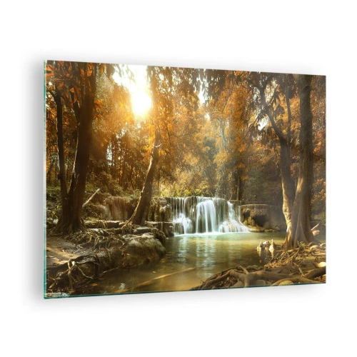 Impression sur verre - Image sur verre - Une cascade dans un parc entouré d'arbres aux couleurs d'automne - 70x50cm - Cascade du parc - Décoration murale moderne pour le salon et la chambre ARTTOR