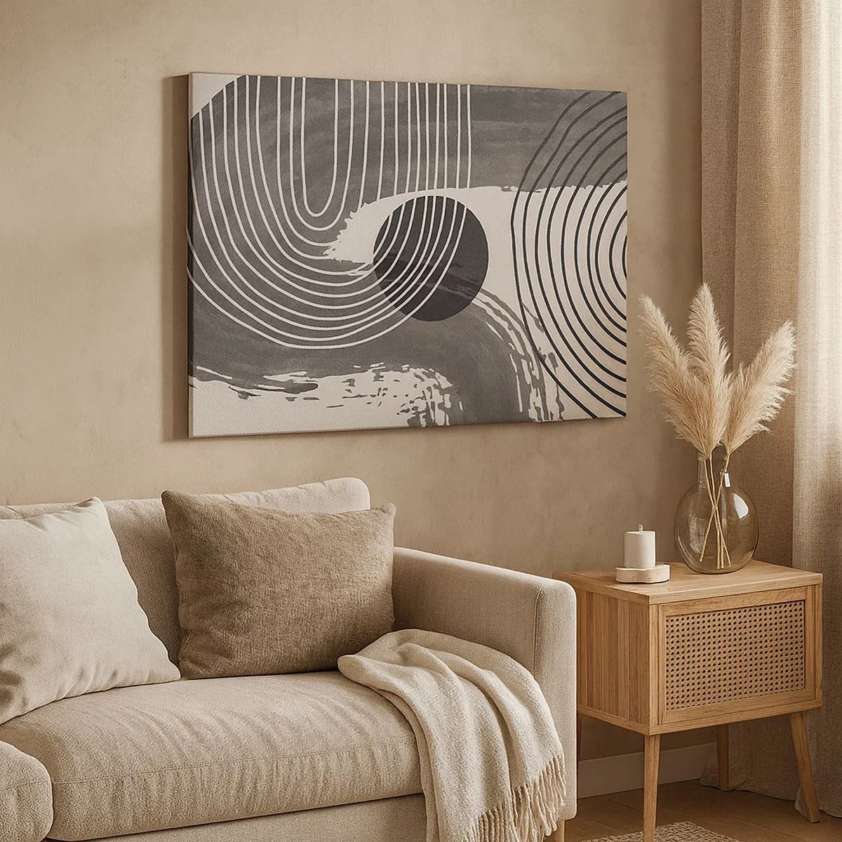 Impression sur toile - Image sur toile - Lignes géométriques et ovales dans des tons monochromes - 70x50cm - L'ovale gagne - Décoration murale moderne pour le salon et la chambre ARTTOR