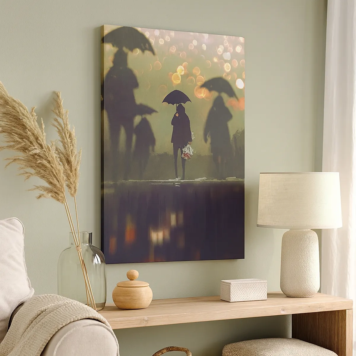 Impression sur toile - Image sur toile - Une silhouette avec un parapluie un soir pluvieux parmi les lumières de la ville - 50x70cm - Du point de vue d'une goutte de pluie - Décoration murale moderne pour le salon et la chambre ARTTOR