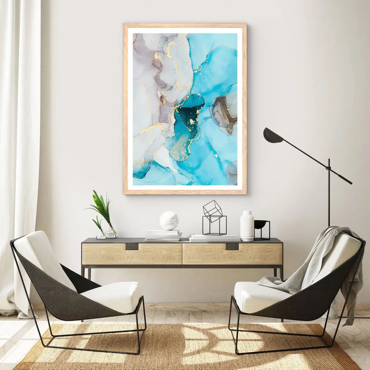 Affiche dans un chêne clair - Poster - Etude de la rencontre gris et turquoise - 70x100 cm
