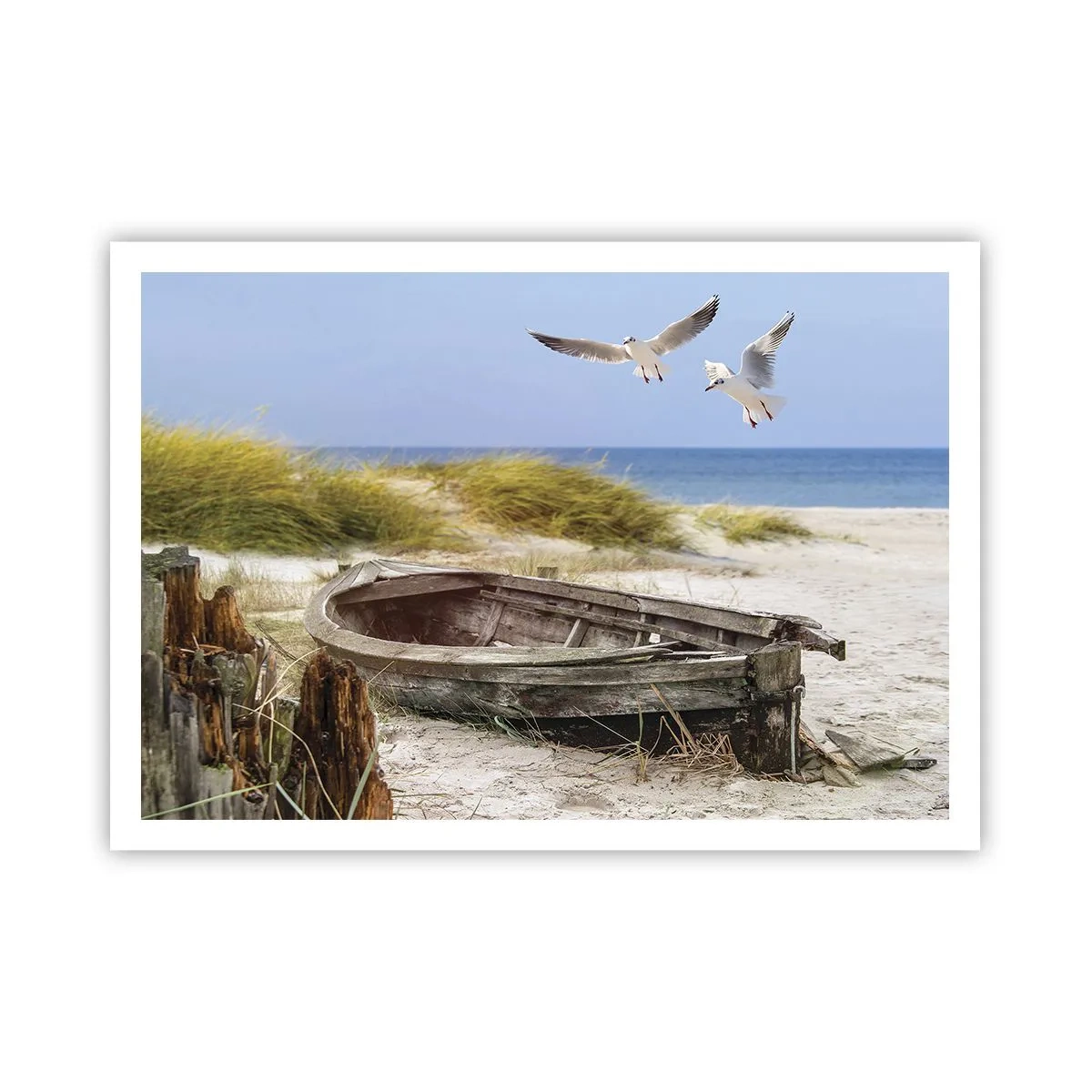 Affiche - Poster - Bateau abandonné sur une plage avec des mouettes - 100x70cm - Bain de vent - Décoration murale moderne pour le salon et la chambre ARTTOR