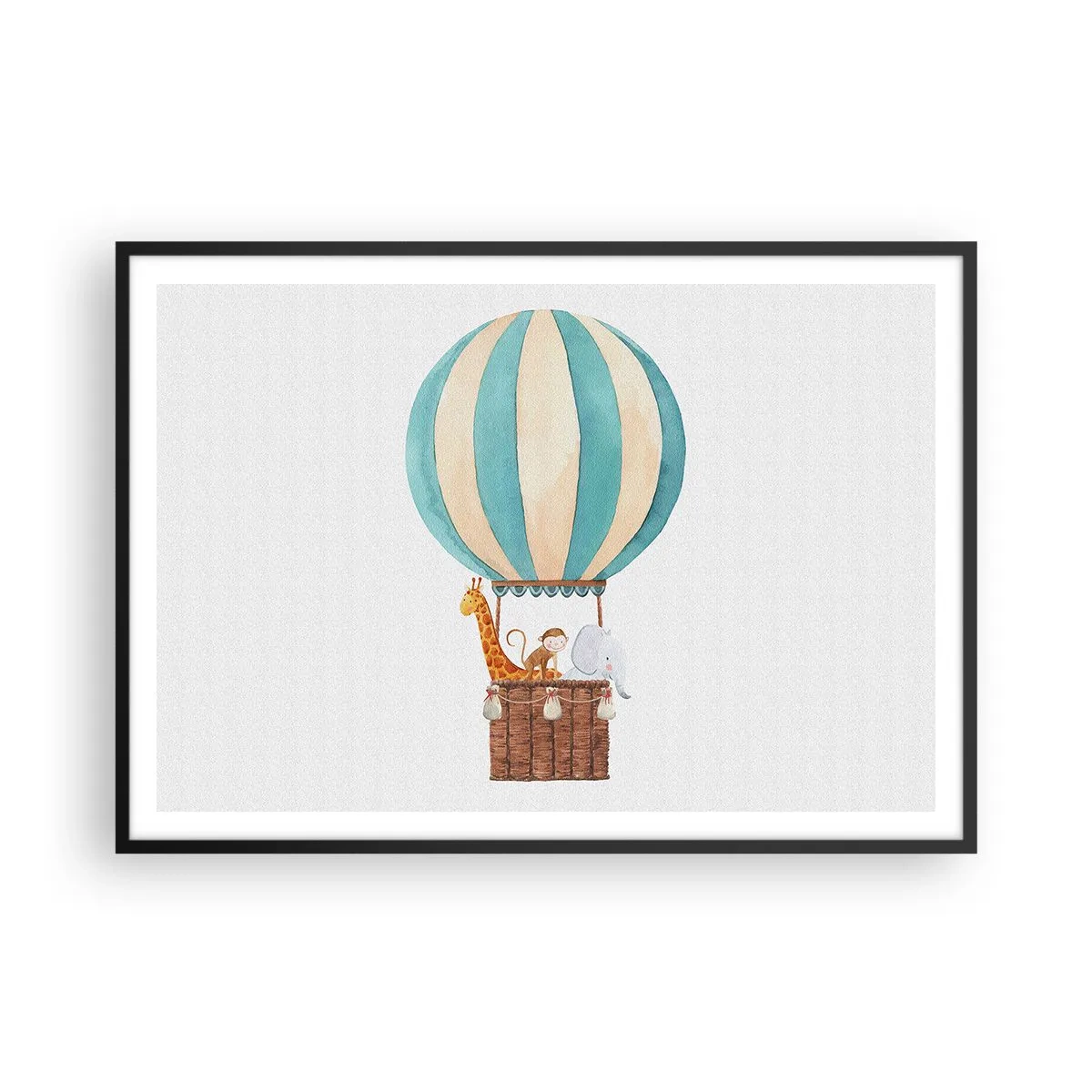 Affiche dans un cadre noir - Poster - Un ballon avec des animaux mignons aux couleurs pastel - 100x70cm - Voyage fantastique - Décoration murale moderne pour le salon et la chambre ARTTOR