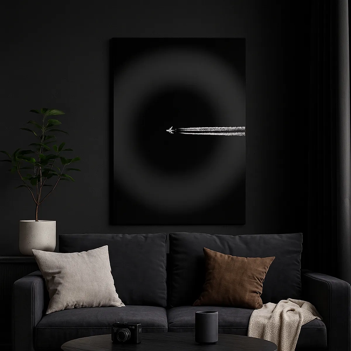 Impression sur toile - Image sur toile - Un avion à réaction avec une traînée de condensation visible sur fond noir - 50x70cm - Dans une autre dimension - Décoration murale moderne pour le salon et la chambre ARTTOR