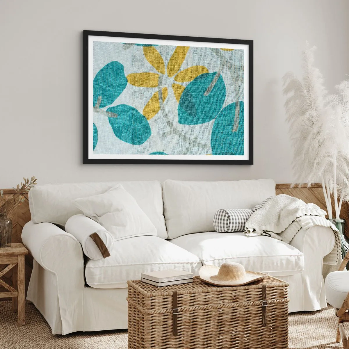Affiche dans un cadre noir - Poster - Feuilles aux tons turquoise et jaune sur fond clair - 70x50cm - Wśród lazurowych liści - Décoration murale moderne pour le salon et la chambre ARTTOR