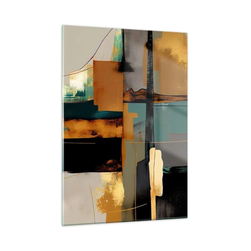 Impression sur verre - Image sur verre - Abstraction moderne avec contrastes or, noir et turquoise - 50x70cm - Abstraction – lumière et ombre - Décoration murale moderne pour le salon et la chambre ARTTOR
