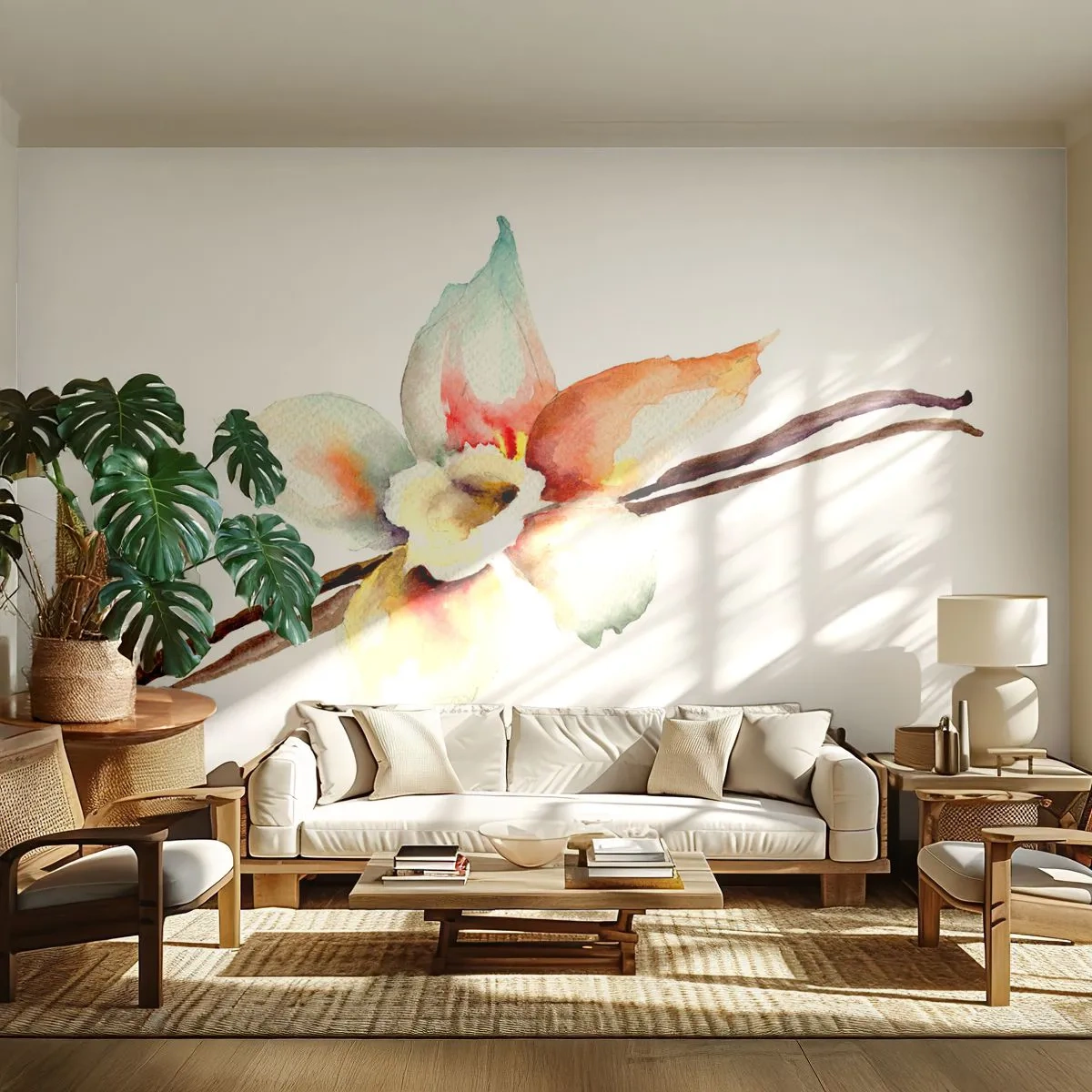 Papier peint sur mesure Premium Sand - Douceur de couleur renversée - Fleur de Vanille, Fleur, Bâton de vanille