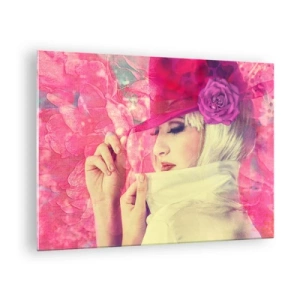 Impression sur verre - Image sur verre - Illustration d'une femme avec un chapeau rose et une fleur en arrière-plan - 70x50cm - Portrait rétro dans une brume rose - Décoration murale moderne pour le salon et la chambre ARTTOR