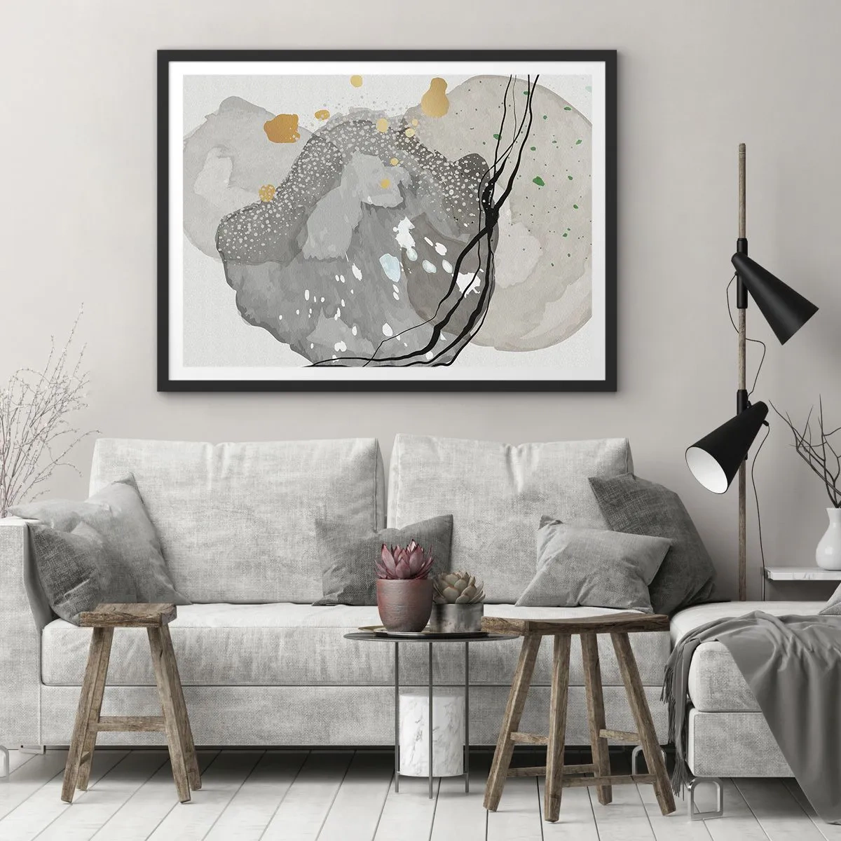 Affiche dans un cadre noir - Poster - Formes organiques dans des tons de gris avec des accents de noir et d'or - 70x50cm - Composition organique - Décoration murale moderne pour le salon et la chambre ARTTOR