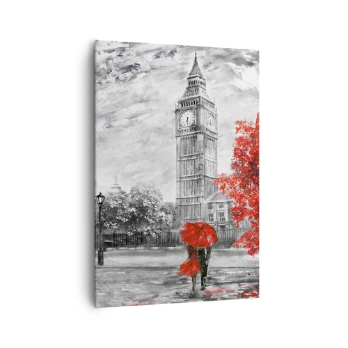 Impression sur toile - Image sur toile - Vue emblématique de Londres avec Big Ben, un bus rouge et un parapluie - 70x100cm - Une journée passionnante - Décoration murale moderne pour le salon et la chambre ARTTOR