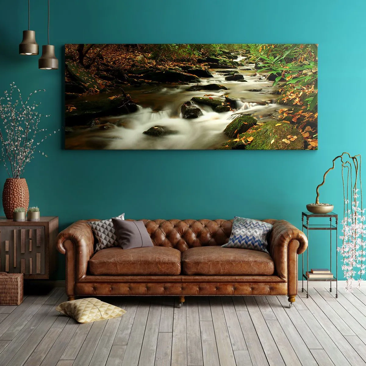 Impression sur toile - Image sur toile - Un ruisseau forestier coulant entre des pierres entourées de verdure - 140x50cm - Comme de l'argent liquide - Décoration murale moderne pour le salon et la chambre ARTTOR