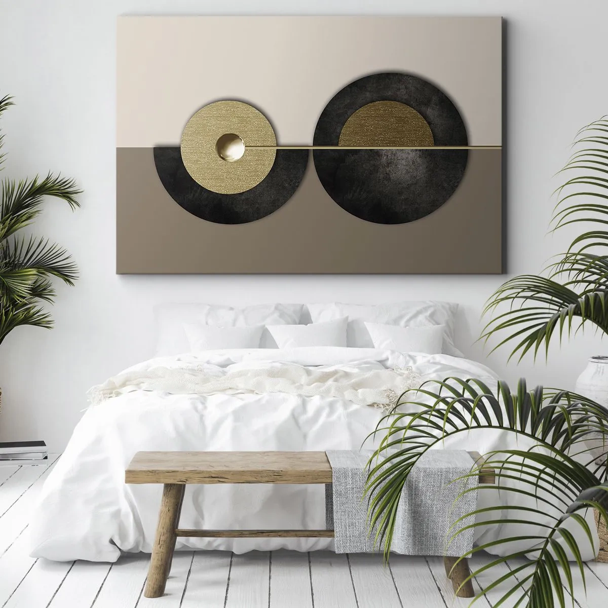 Impression sur toile - Image sur toile - Cercles abstraits dans des tons d'or et de marron - 100x70cm - Variations autour du cercle - Décoration murale moderne pour le salon et la chambre ARTTOR