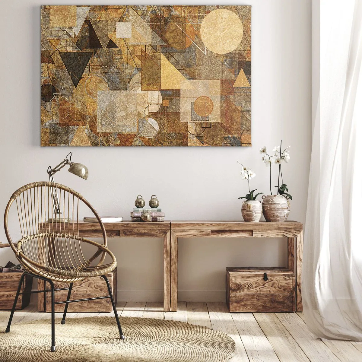 Impression sur toile - Image sur toile - Figures géométriques abstraites aux tons chauds - 70x50cm - Étude cubique de marron - Décoration murale moderne pour le salon et la chambre ARTTOR
