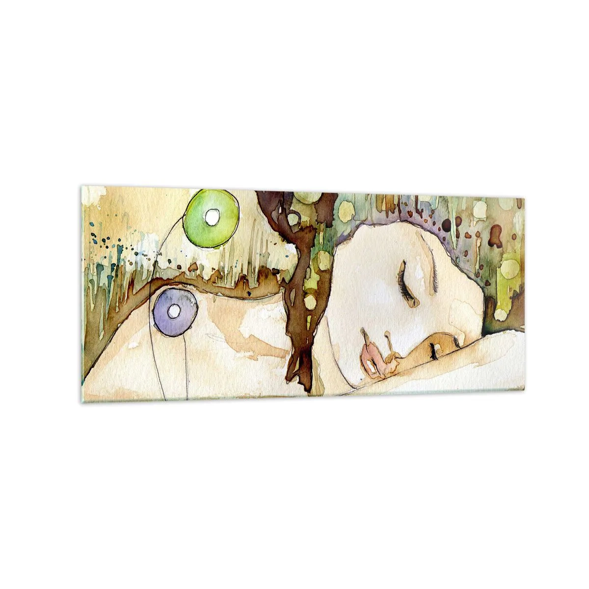 Impression sur verre - Image sur verre - Une femme rêvant entourée de formes et de couleurs abstraites. - 120x50cm - Un rêve violet émeraude - Décoration murale moderne pour le salon et la chambre ARTTOR