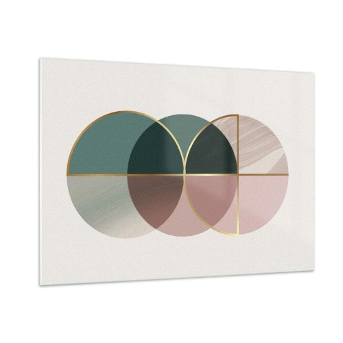Impression sur verre - Image sur verre - Formes géométriques aux nuances de vert et de rose sur fond clair - 100x70cm - Cercles après cercles - Décoration murale moderne pour le salon et la chambre ARTTOR