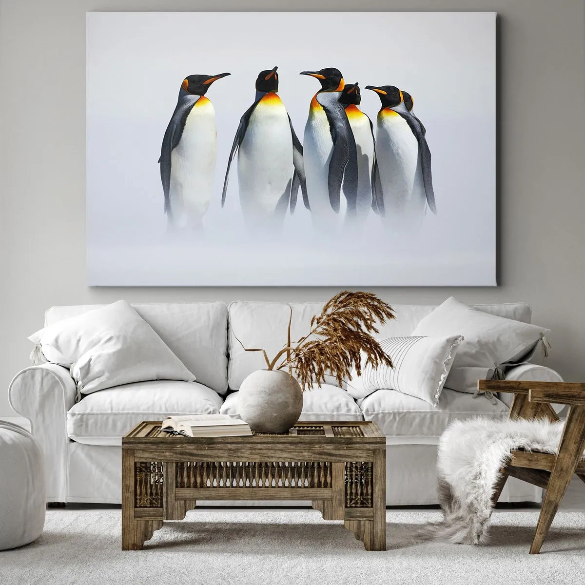 Impression sur toile - Image sur toile - Un groupe de manchots empereurs dans le brouillard hivernal - 70x50cm - Rencontre en robes de soirée - Décoration murale moderne pour le salon et la chambre ARTTOR