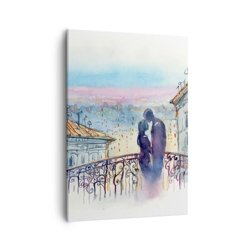 Impression sur toile - Image sur toile - Couple romantique sur un balcon avec vue sur la ville - 50x70cm - Amoureux de Paris - Décoration murale moderne pour le salon et la chambre ARTTOR