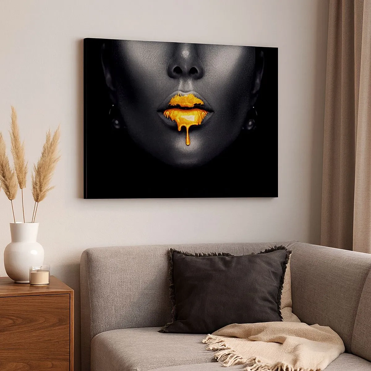 Impression sur toile - Image sur toile - Portrait noir et or d'une femme avec une goutte d'or sur les lèvres - 70x50cm - Bouche d'or - Décoration murale moderne pour le salon et la chambre ARTTOR