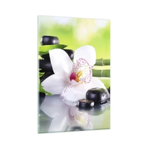 Impression sur verre - Image sur verre - Orchidée, pierres et bambou dans une composition spa harmonieuse - 80x120cm - Raffraîchissement de fraîcheur - Décoration murale moderne pour le salon et la chambre ARTTOR