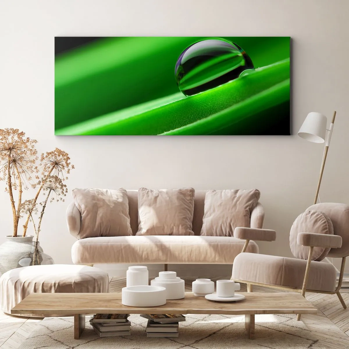 Impression sur toile - Image sur toile - Gros plan d'une goutte de rosée sur une feuille verte - 160x50cm - La vie de près - Décoration murale moderne pour le salon et la chambre ARTTOR