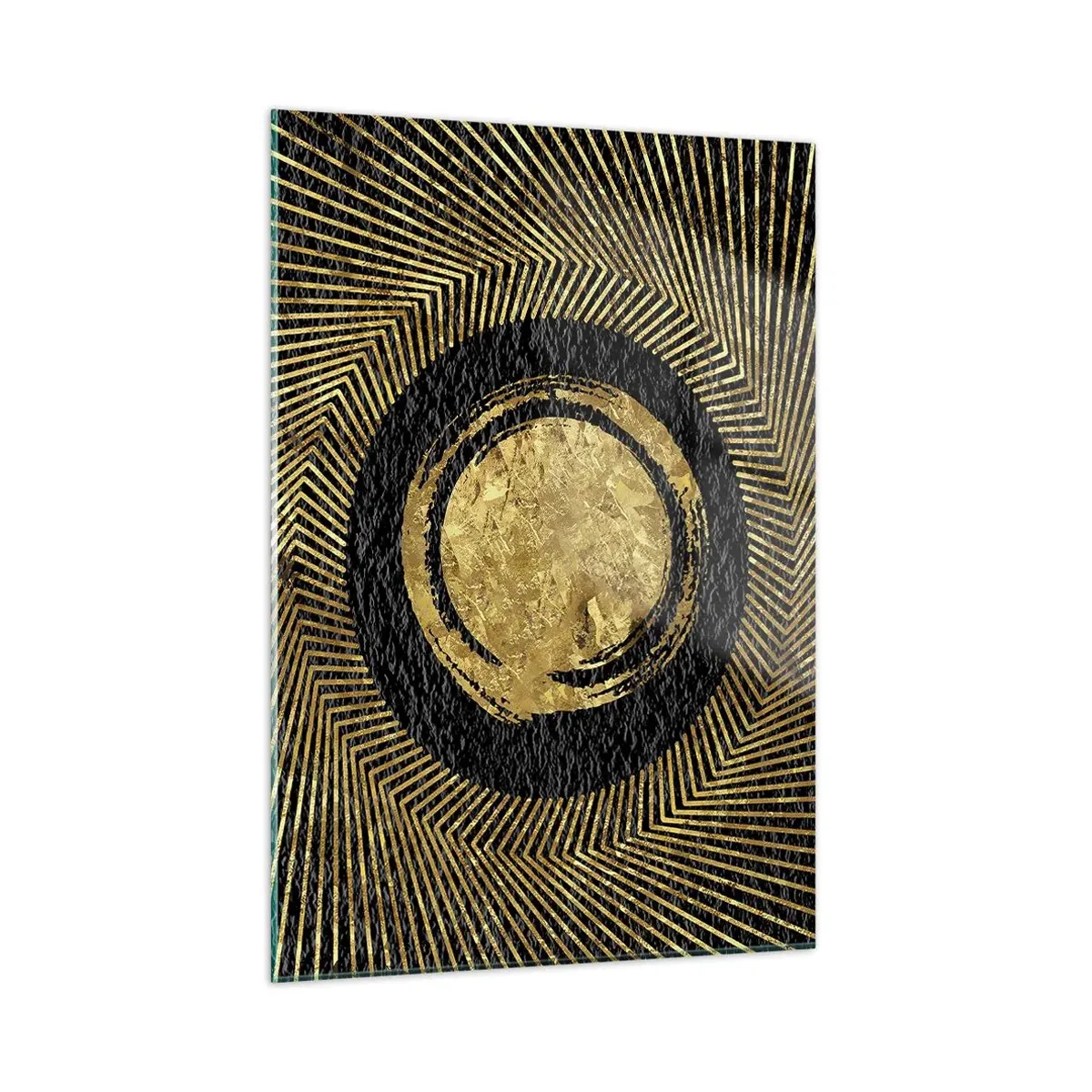 Impression sur verre - Image sur verre - Cercle doré avec des rayons sur fond noir dans un style glamour - 50x70cm - Composition glamour - Décoration murale moderne pour le salon et la chambre ARTTOR