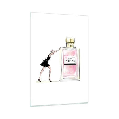 Impression sur verre - Image sur verre - Une femme en robe noire à côté d'un flacon de parfum - 80x120cm - L'essence des femmes - Décoration murale moderne pour le salon et la chambre ARTTOR