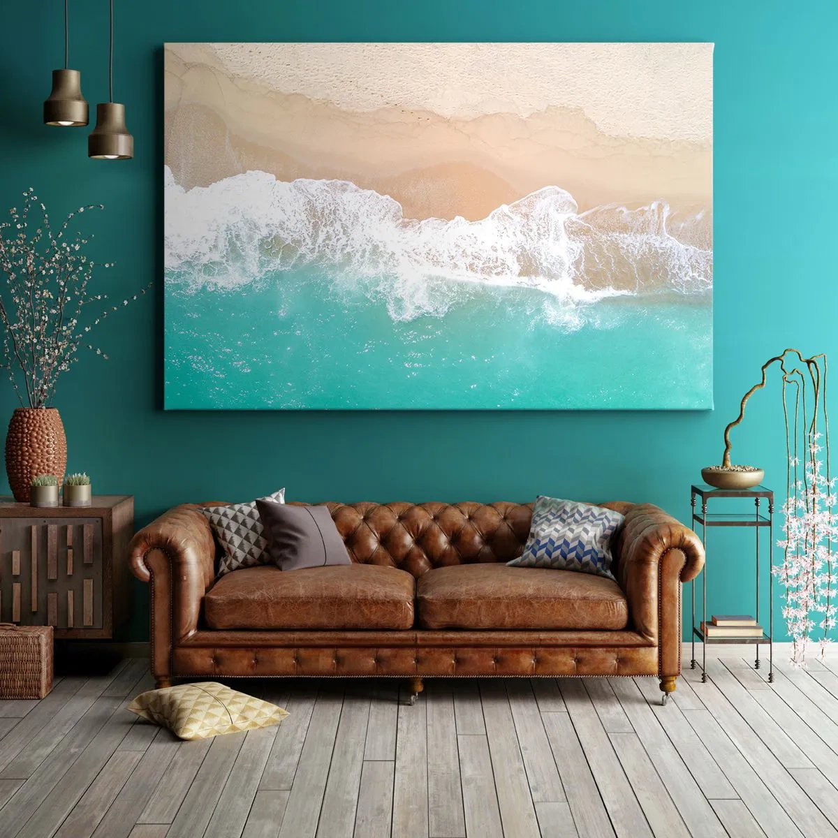 Impression sur toile - Image sur toile - Vue plongeante sur une plage aux eaux turquoise et aux vagues douces - 100x70cm - Caresse de l'océan - Décoration murale moderne pour le salon et la chambre ARTTOR