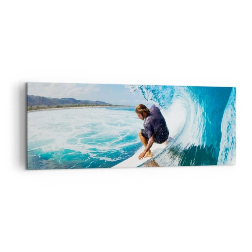 Impression sur toile - Image sur toile - Un surfeur dans une pose dynamique sur une vague dans une eau turquoise. - 140x50cm - Danse avec les vagues - Décoration murale moderne pour le salon et la chambre ARTTOR
