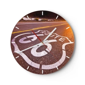 Horloge murale - Pendule murale - Symbole de la Route 66 sur une route pavée au coucher du soleil - 30x30cm - Célèbre Route 66 - Décoration murale moderne pour le salon, la cuisine et la chambre ARTTOR