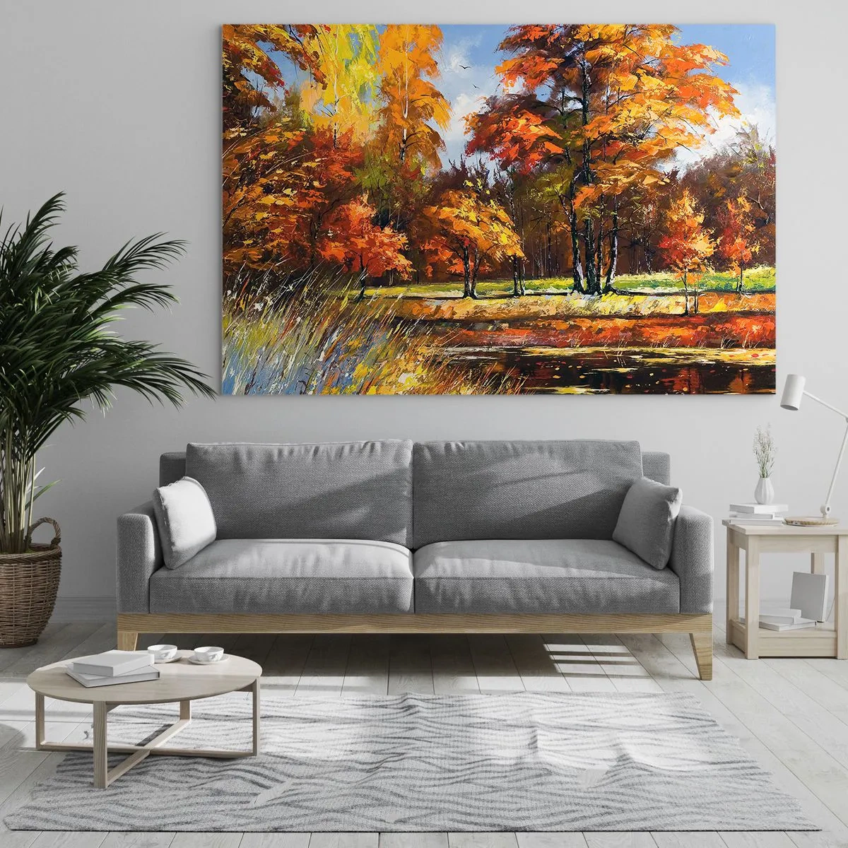 Impression sur verre - Image sur verre - Paysage d'automne avec arbres et reflet dans l'eau - 70x50cm - Paysage en or et bronze - Décoration murale moderne pour le salon et la chambre ARTTOR