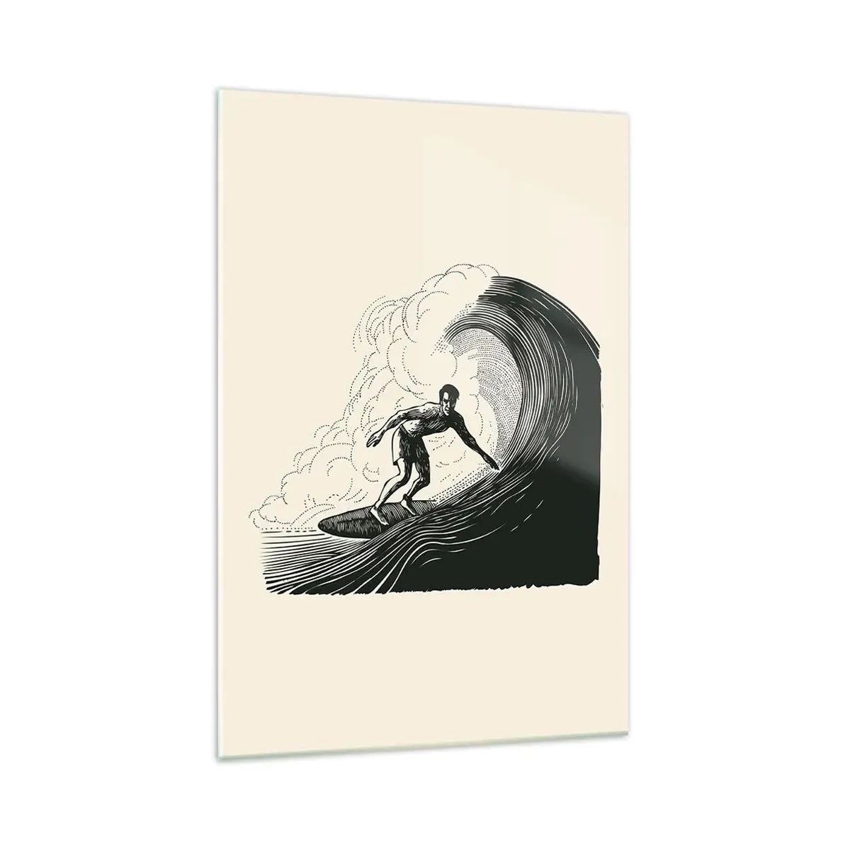 Impression sur verre - Image sur verre - Graphique en noir et blanc d'un surfeur sur une vague - 70x100cm - Le roi de la vague - Décoration murale moderne pour le salon et la chambre ARTTOR