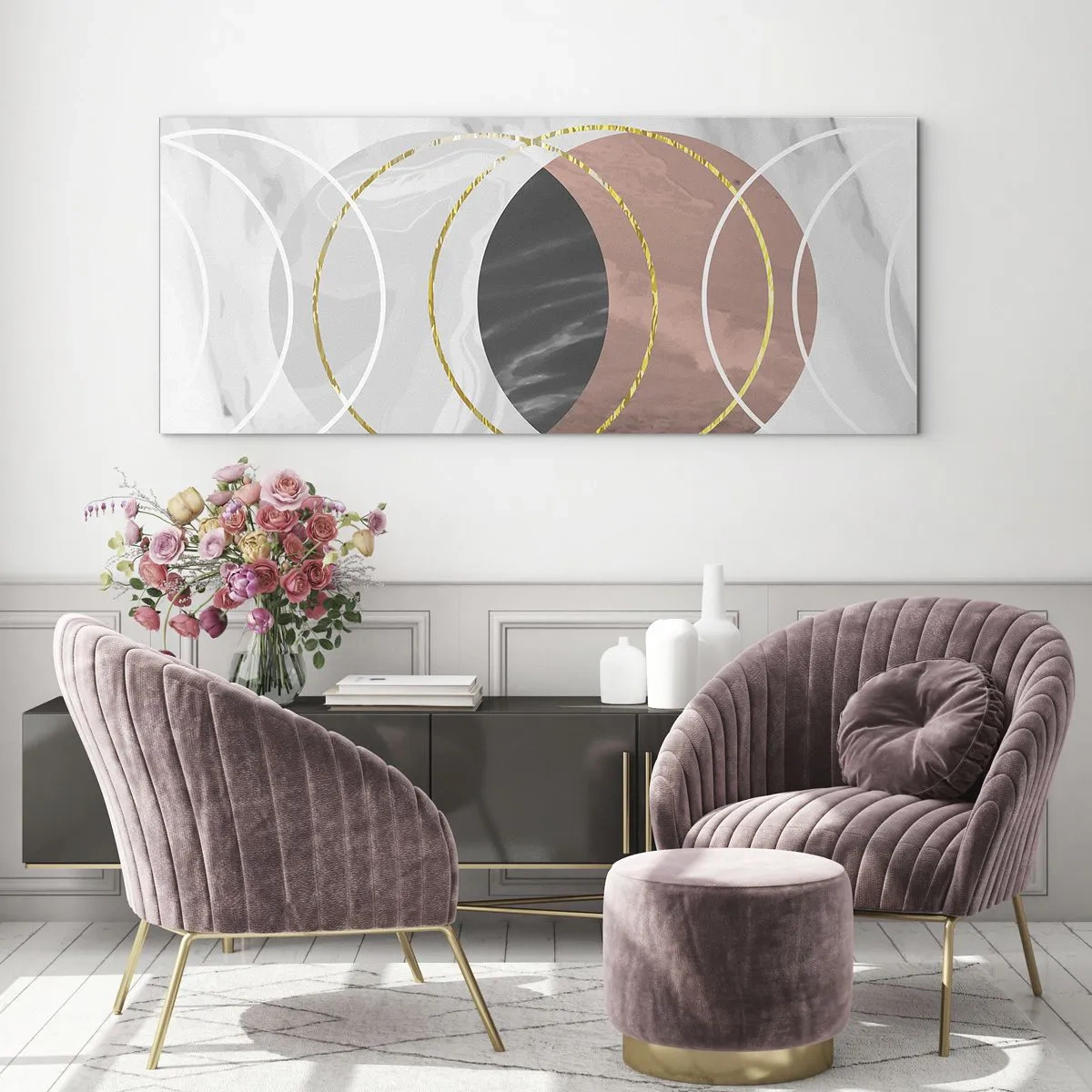 Impression sur verre - Image sur verre - Composition géométrique abstraite avec des cercles et des détails métalliques - 120x50cm - Musique des sphères - Décoration murale moderne pour le salon et la chambre ARTTOR