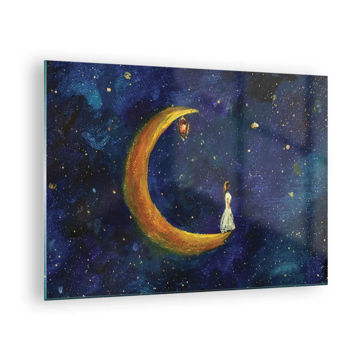 Impression sur verre - Image sur verre - Une figure sur la lune dans le ciel nocturne - 70x50cm - Appel du monde - Décoration murale moderne pour le salon et la chambre ARTTOR